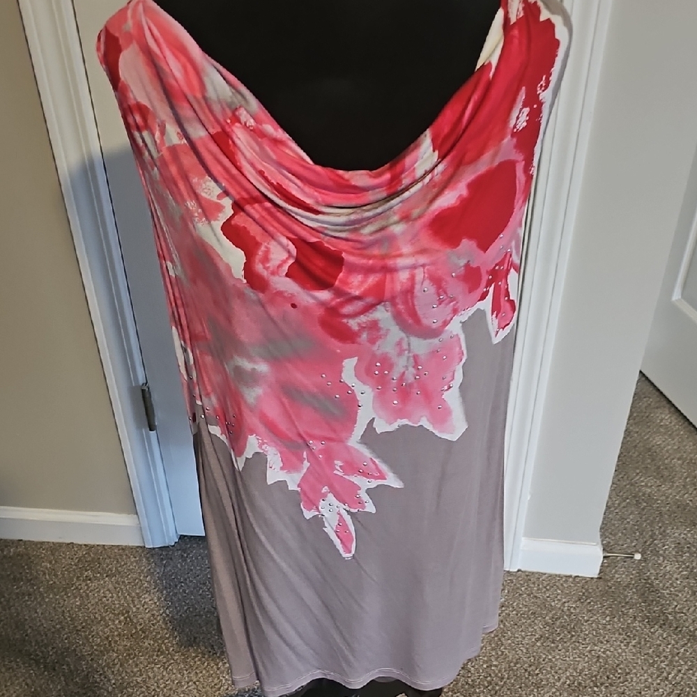 Pink and Gray Floral Sleevless Top With Rhinestones